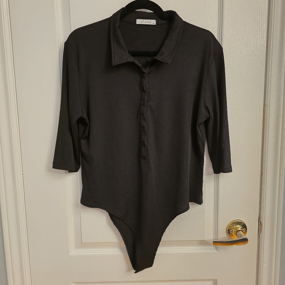 De Base | Women's Plus Size | 3/4 Sleeve Ribbed Bodysuit | Black | 2X